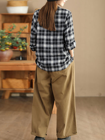 Autumn Plaid Cotton Colorblock Shirt Coat Av1034