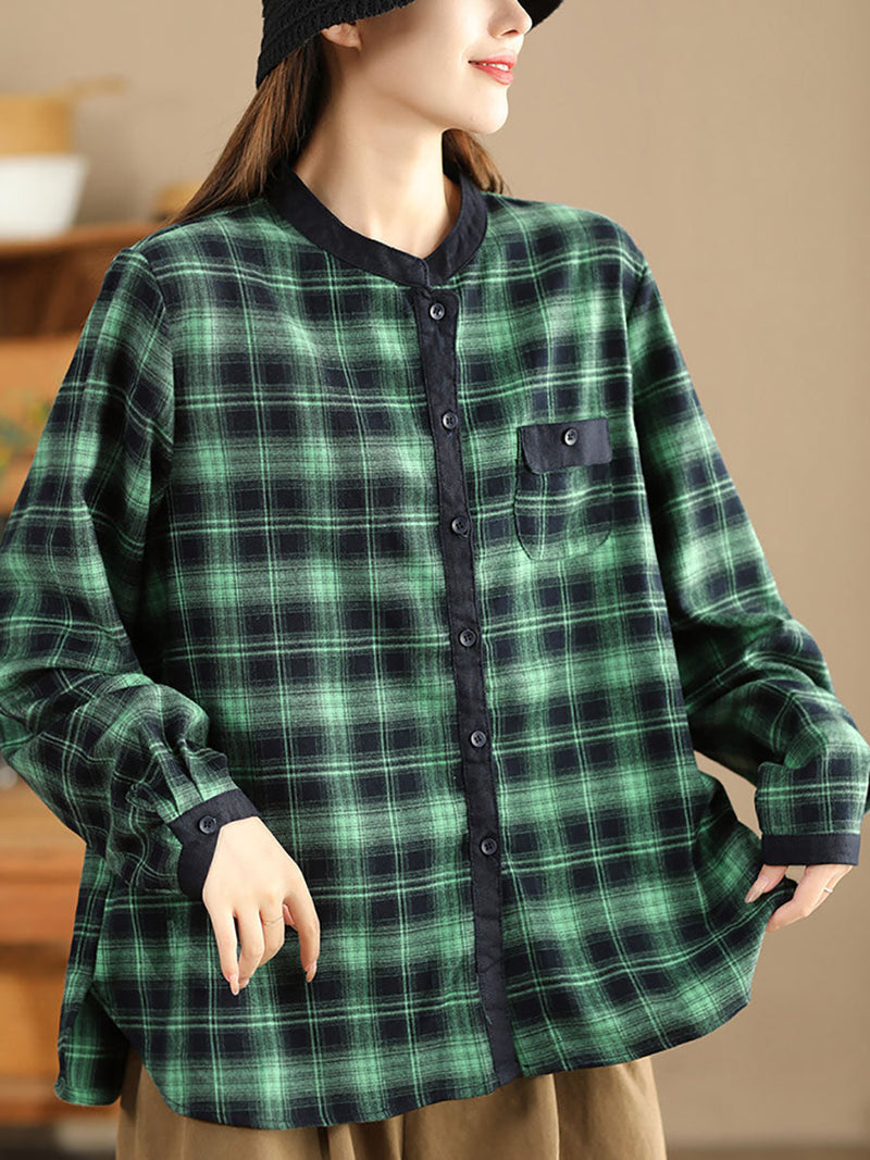 Autumn Plaid Cotton Colorblock Shirt Coat Av1034
