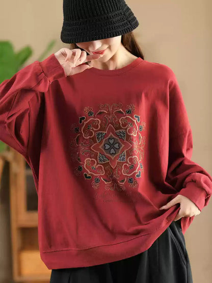 Autumn Flower Embroidery O-neck Cotton Sweatshirt Wg034