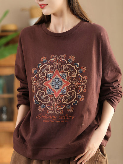Autumn Flower Embroidery O-neck Cotton Sweatshirt Wg034