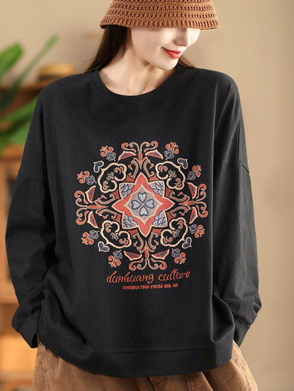 Autumn Flower Embroidery O-neck Cotton Sweatshirt Wg034