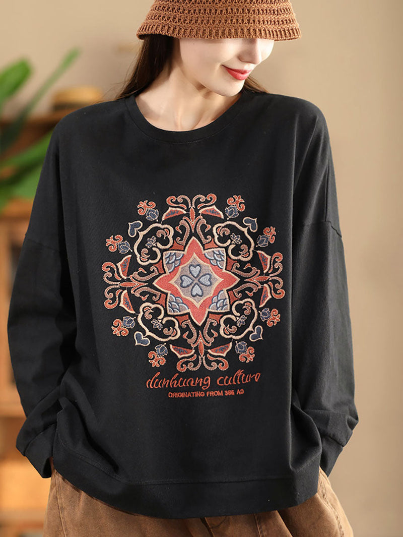 Autumn Flower Embroidery O-neck Cotton Sweatshirt Wg034