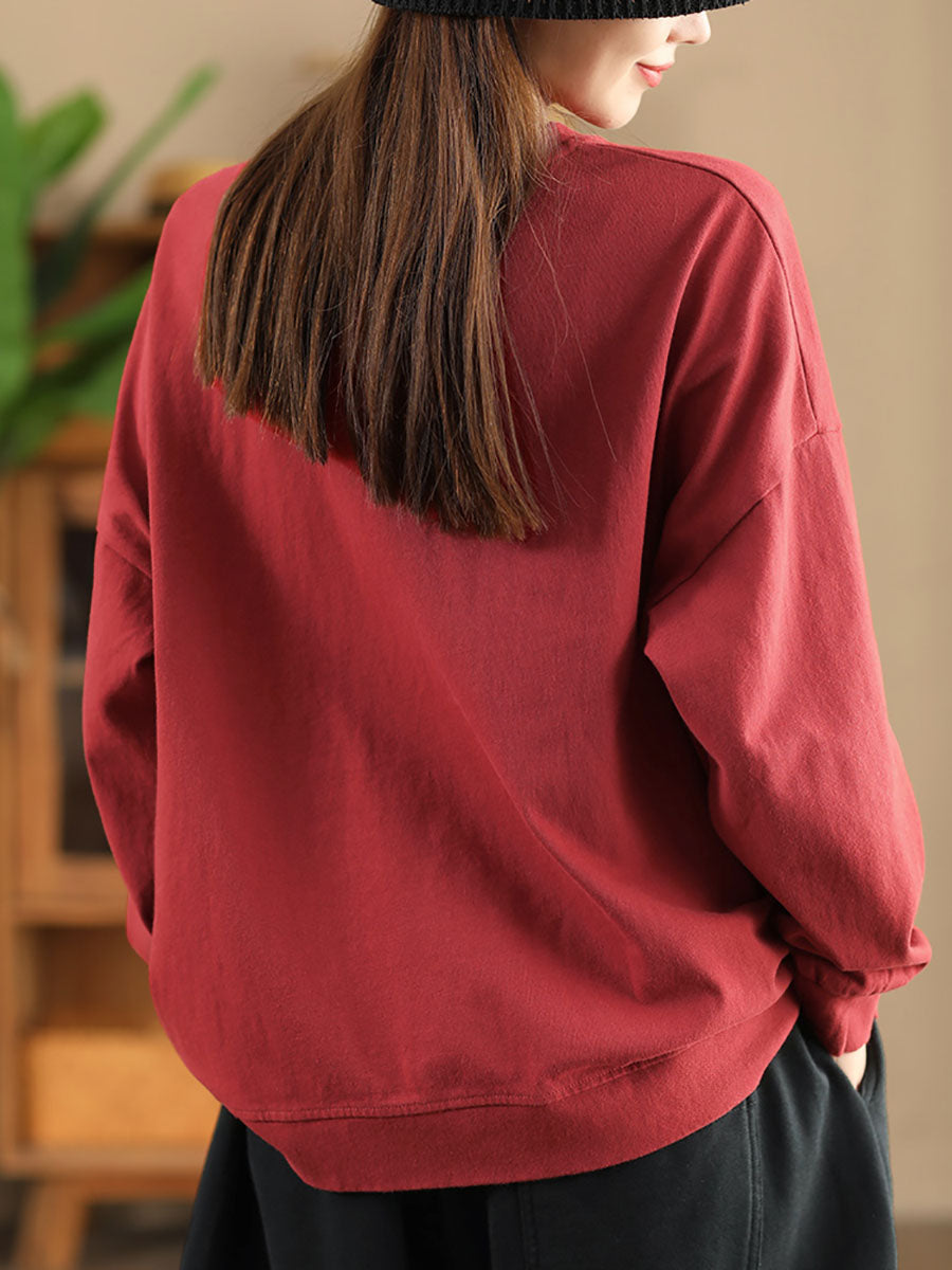 Autumn Flower Embroidery O-neck Cotton Sweatshirt Wg034