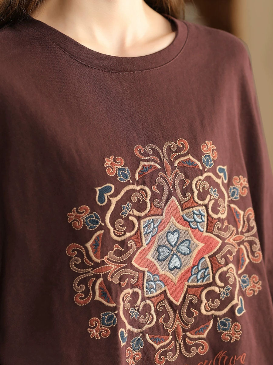 Autumn Flower Embroidery O-neck Cotton Sweatshirt Wg034