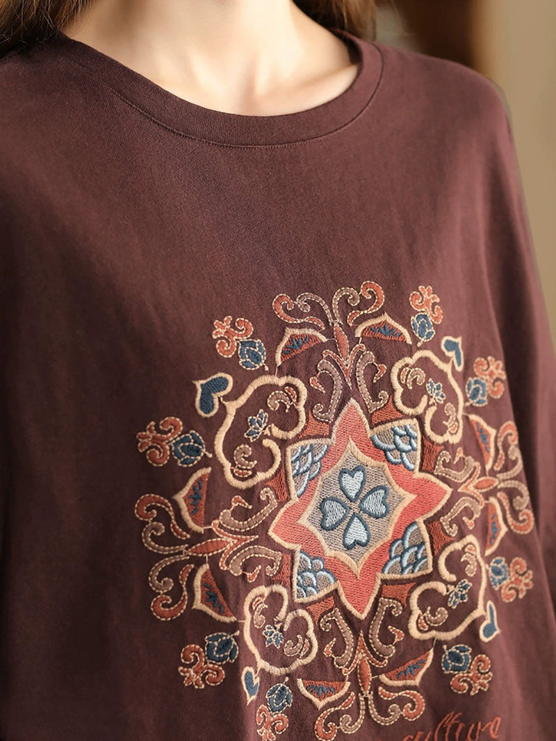 Autumn Flower Embroidery O-neck Cotton Sweatshirt Wg034