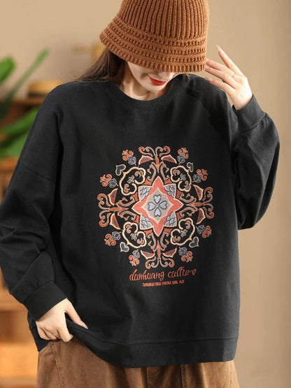 Autumn Flower Embroidery O-neck Cotton Sweatshirt Wg034