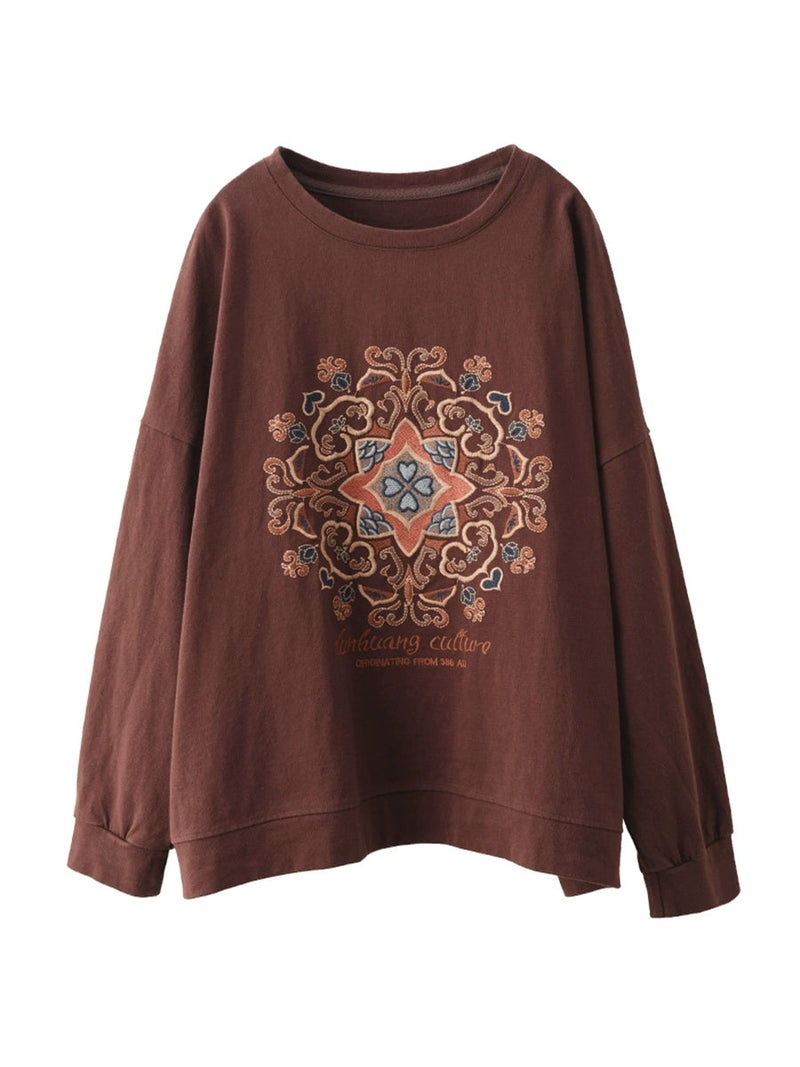 Autumn Flower Embroidery O-neck Cotton Sweatshirt Wg034