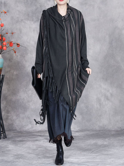 Autumn Artsy Stripe Knitted Tassel Cardigan Coat Wg032