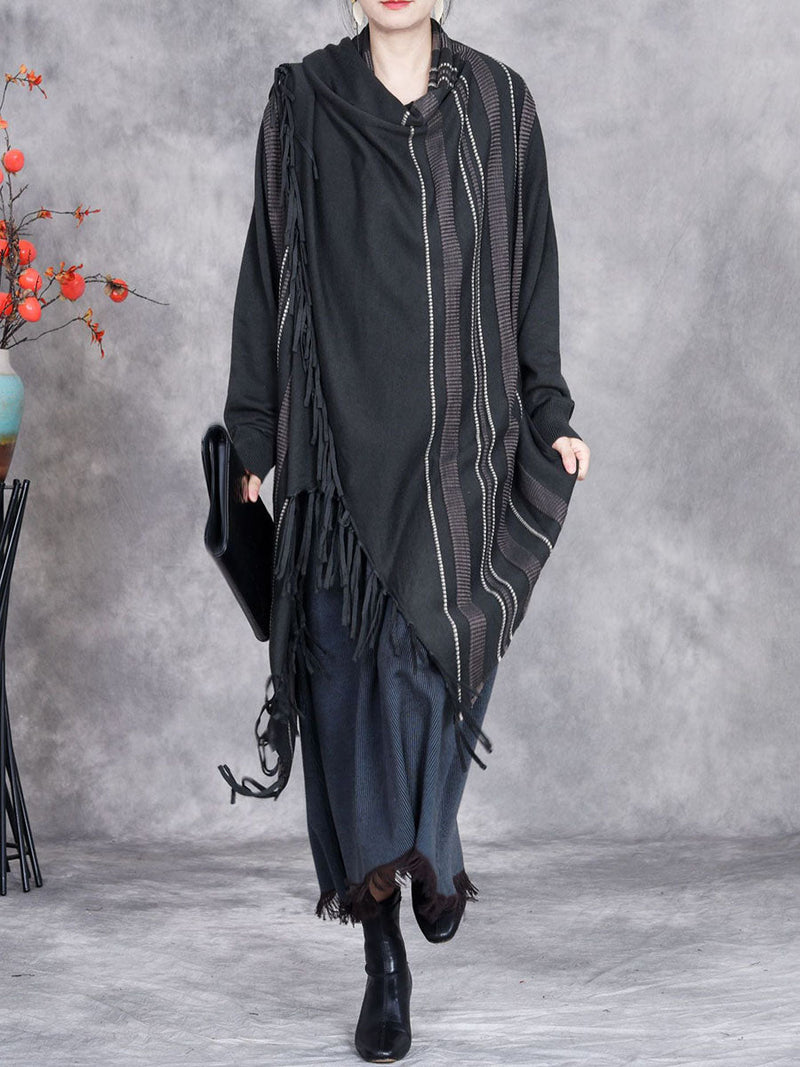 Autumn Artsy Stripe Knitted Tassel Cardigan Coat Wg032