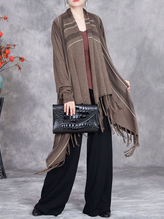 Autumn Artsy Stripe Knitted Tassel Cardigan Coat Wg032