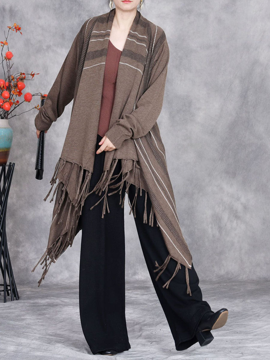 Autumn Artsy Stripe Knitted Tassel Cardigan Coat Wg032