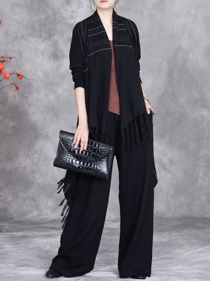 Autumn Artsy Stripe Knitted Tassel Cardigan Coat Wg032