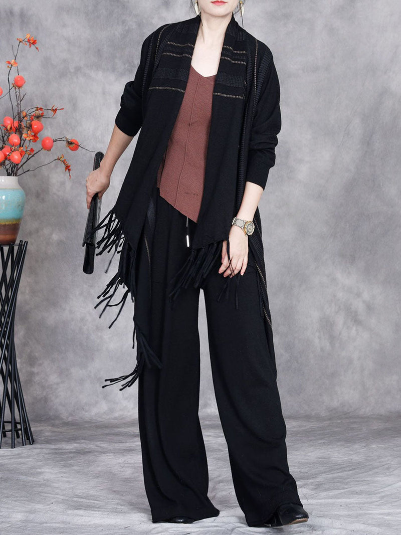 Autumn Artsy Stripe Knitted Tassel Cardigan Coat Wg032