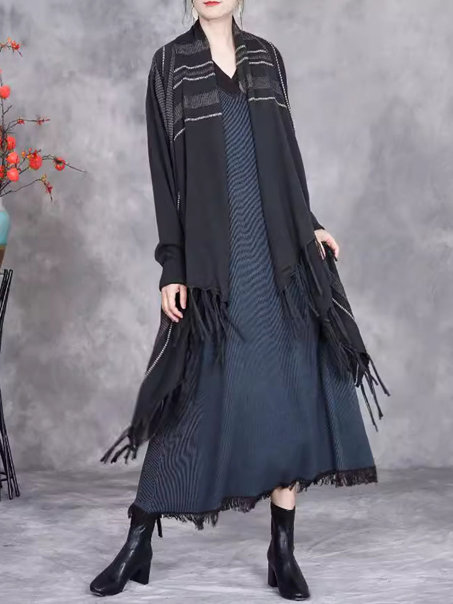 Autumn Artsy Stripe Knitted Tassel Cardigan Coat Wg032