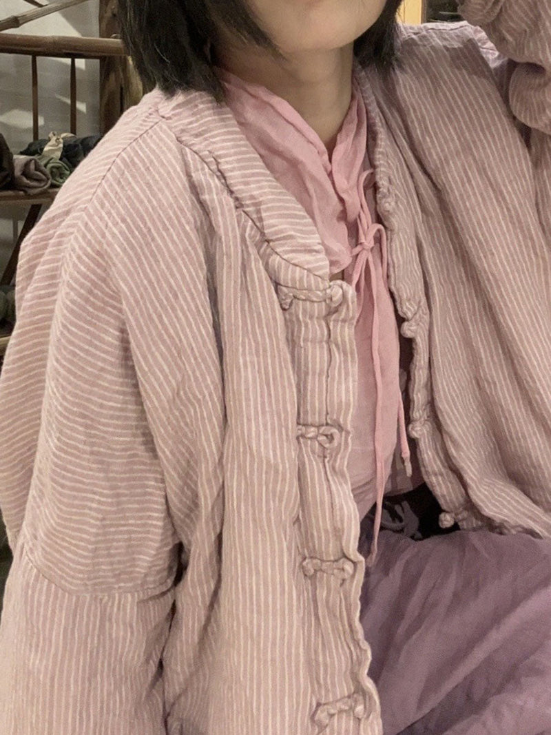 Autumn Stripe Cotton Stand Collar Coat Av1062