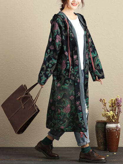 Autumn Flower Hooded Pocket Cotton Coat Av1056