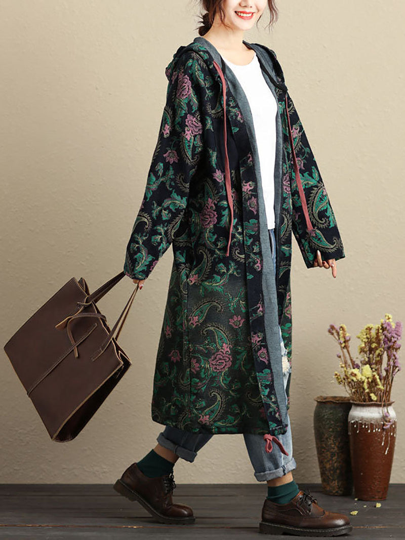 Autumn Flower Hooded Pocket Cotton Coat Av1056