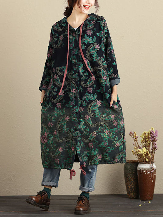 Autumn Flower Hooded Pocket Cotton Coat Av1056