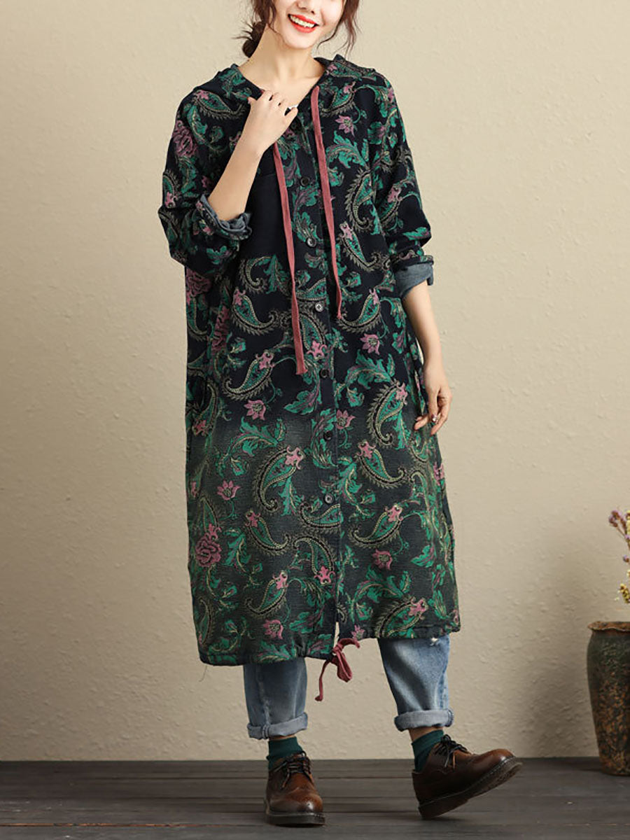 Autumn Flower Hooded Pocket Cotton Coat Av1056