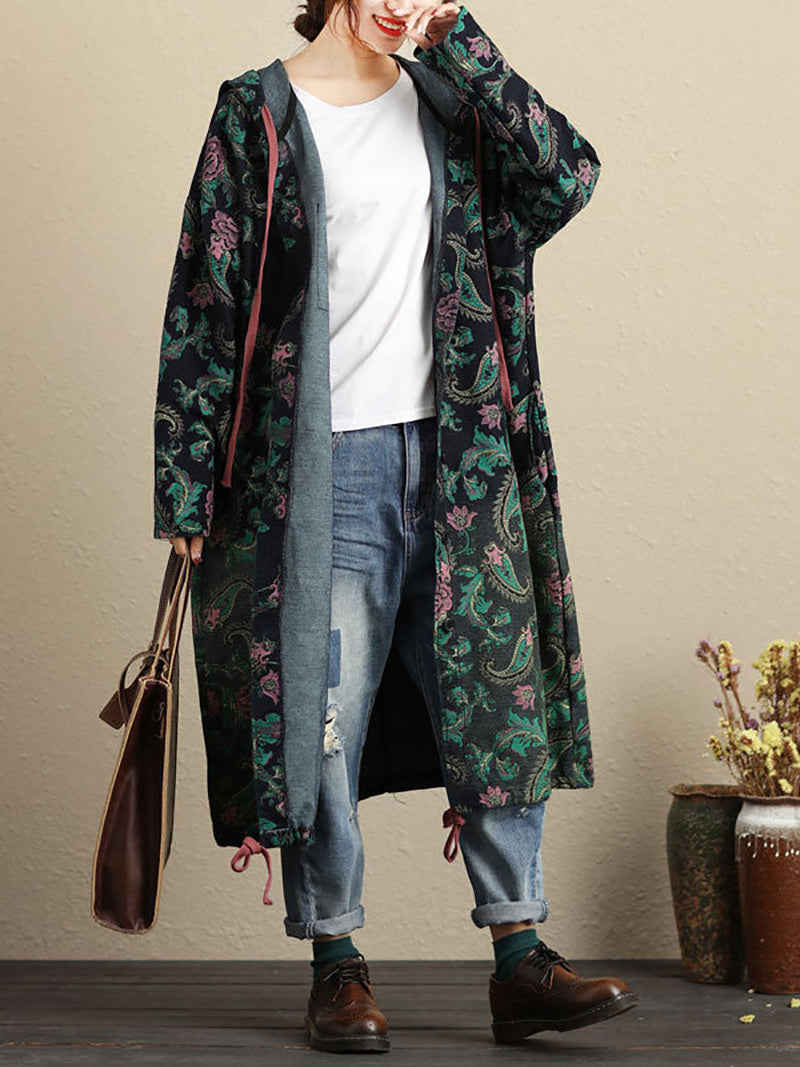 Autumn Flower Hooded Pocket Cotton Coat Av1056