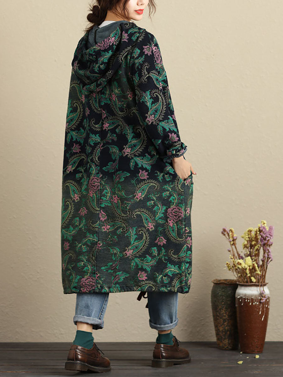 Autumn Flower Hooded Pocket Cotton Coat Av1056