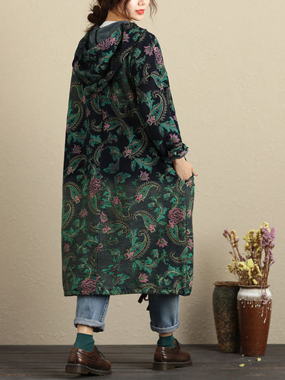 Autumn Flower Hooded Pocket Cotton Coat Av1056