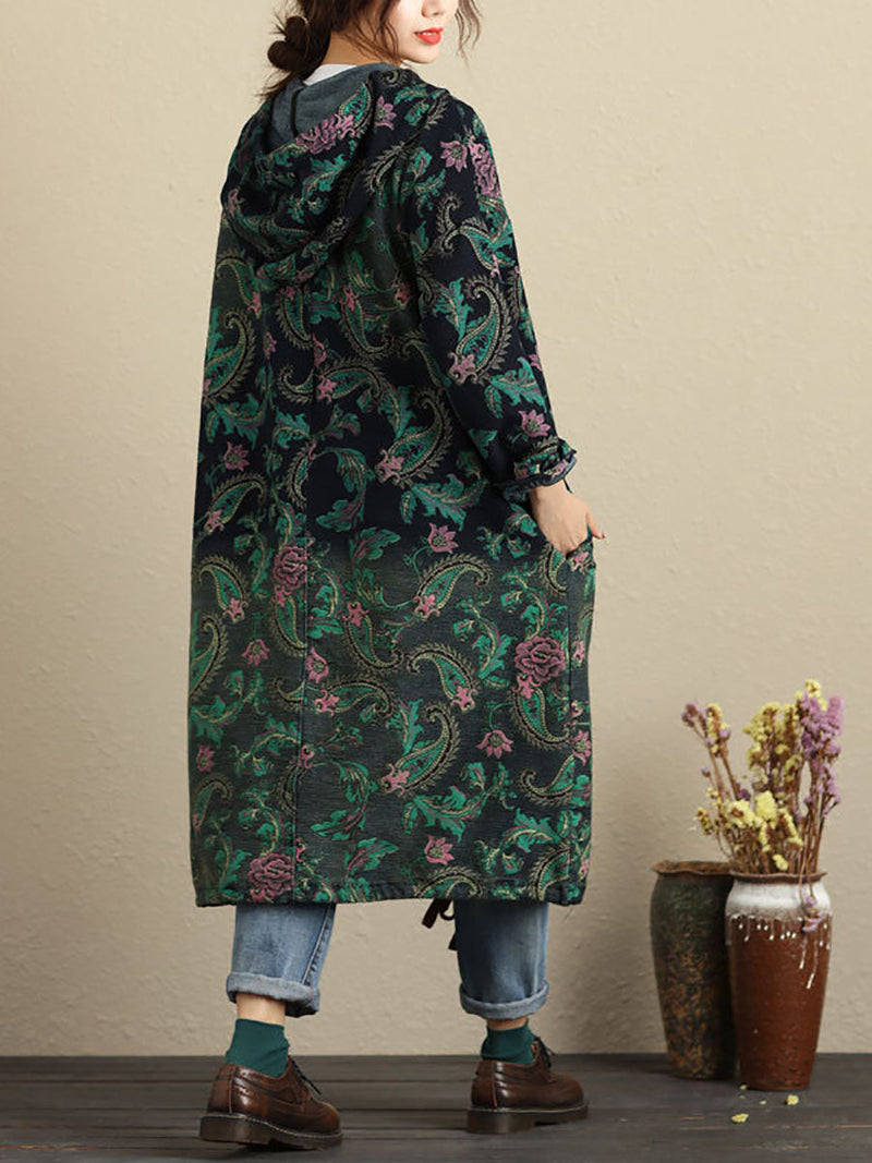 Autumn Flower Hooded Pocket Cotton Coat Av1056