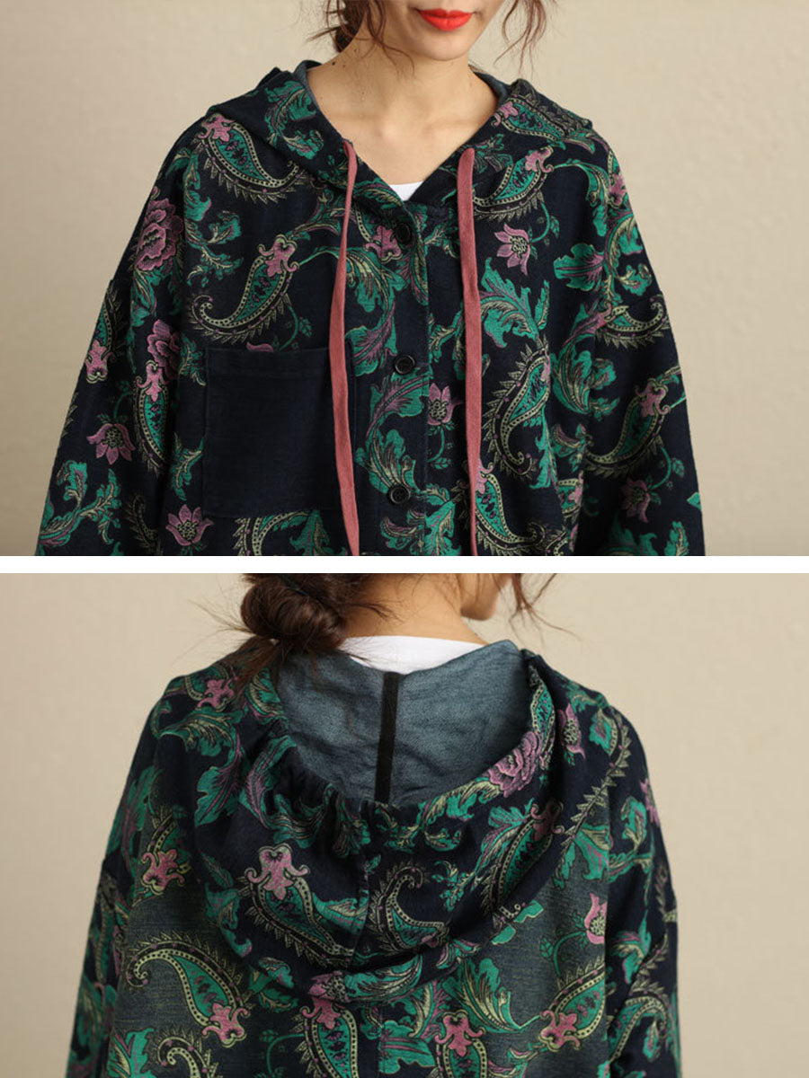 Autumn Flower Hooded Pocket Cotton Coat Av1056