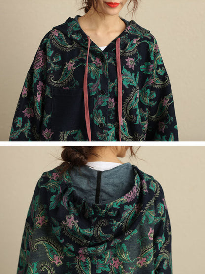 Autumn Flower Hooded Pocket Cotton Coat Av1056