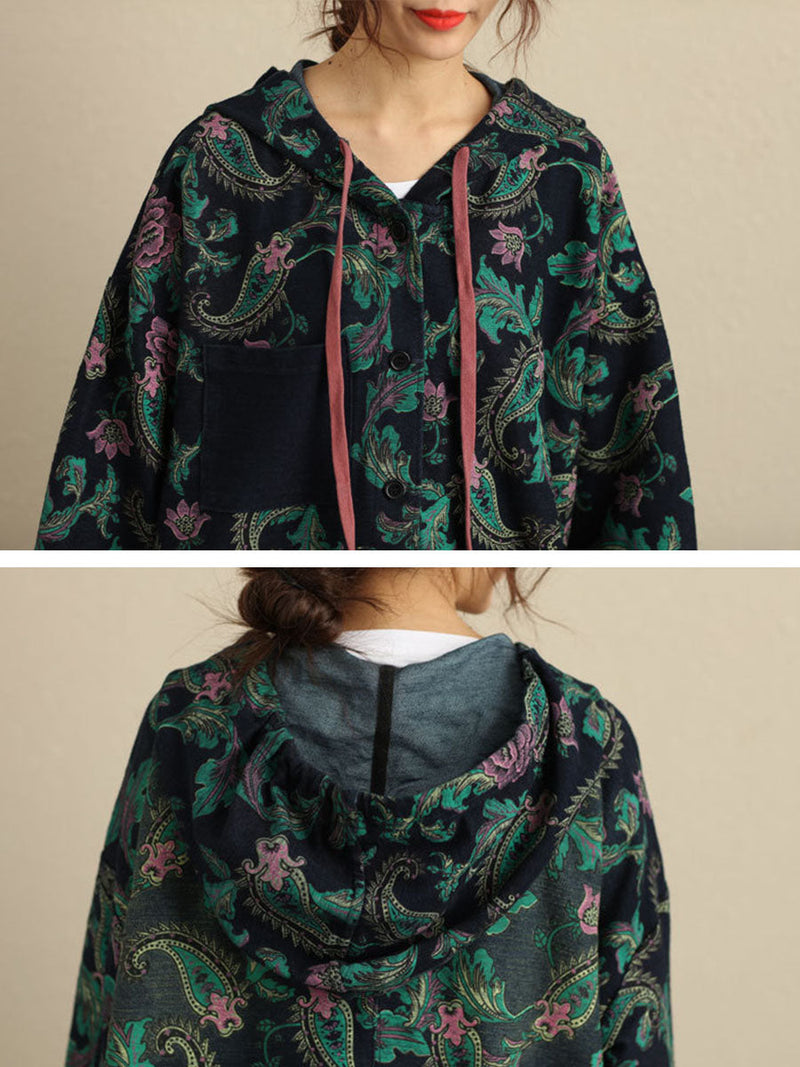 Autumn Flower Hooded Pocket Cotton Coat Av1056