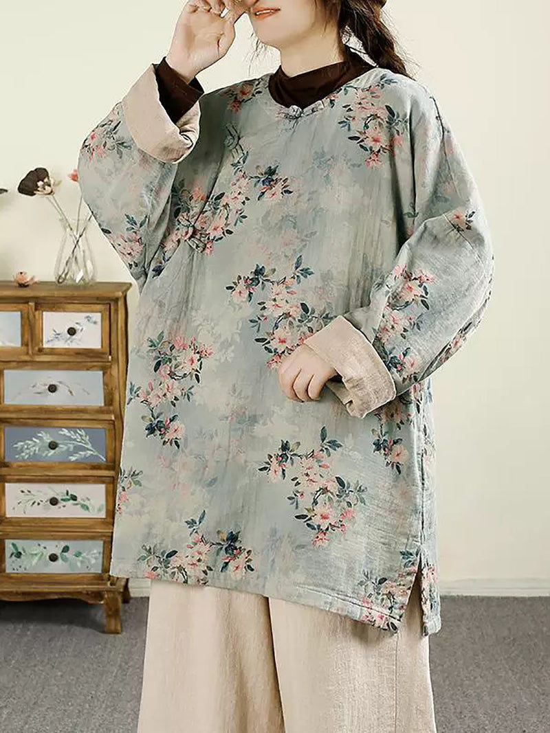 Autumn Flower O-neck Cotton Blouse Av1060