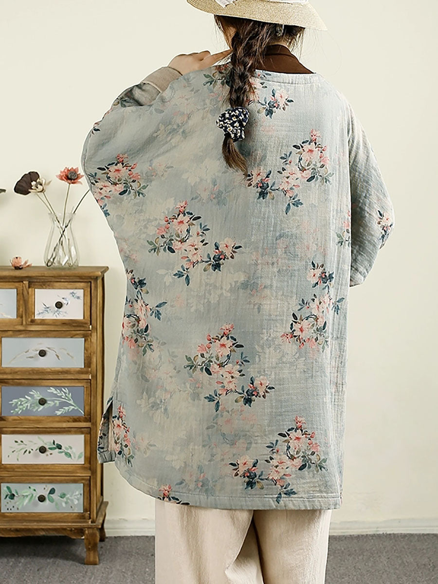 Autumn Flower O-neck Cotton Blouse Av1060