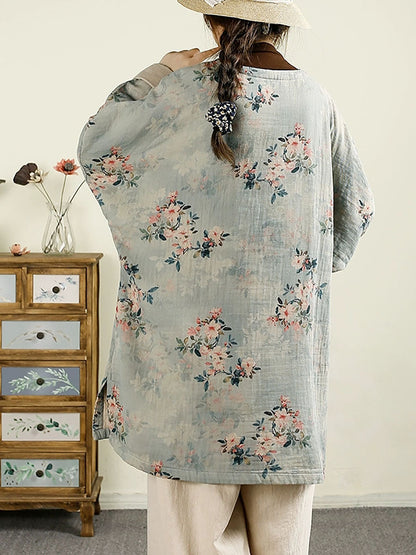 Autumn Flower O-neck Cotton Blouse Av1060