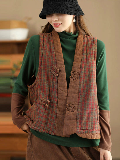 Plaid Colorblock V-neck Cotton Vest Coat Av1063