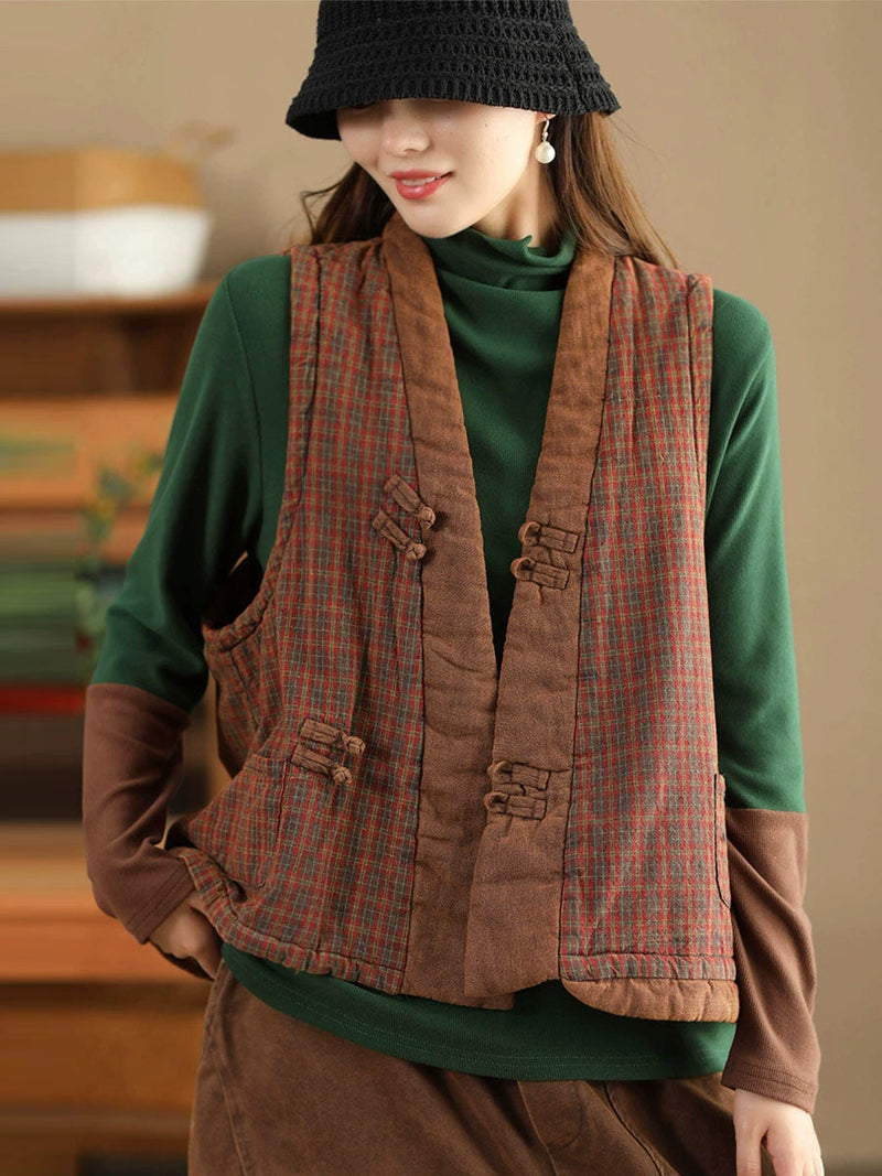 Plaid Colorblock V-neck Cotton Vest Coat Av1063