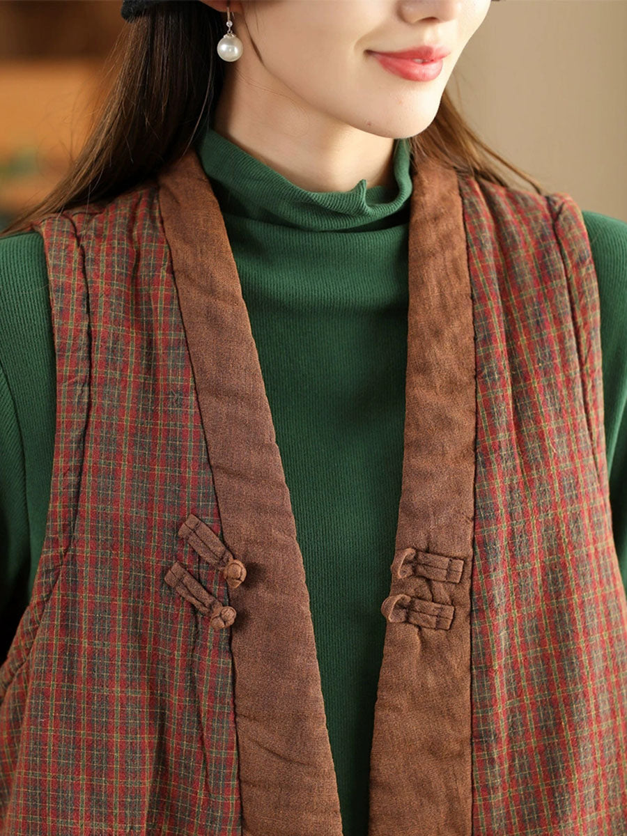 Plaid Colorblock V-neck Cotton Vest Coat Av1063