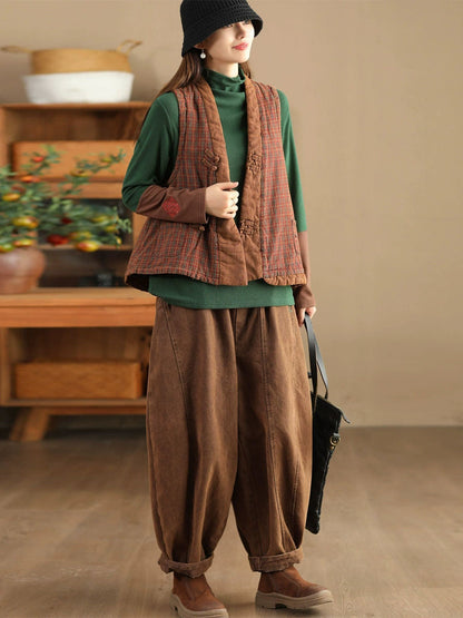 Plaid Colorblock V-neck Cotton Vest Coat Av1063