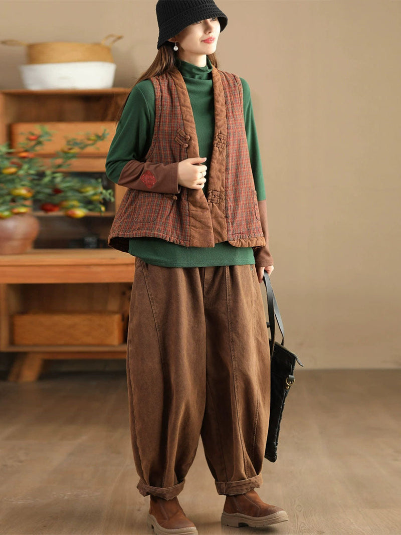 Plaid Colorblock V-neck Cotton Vest Coat Av1063