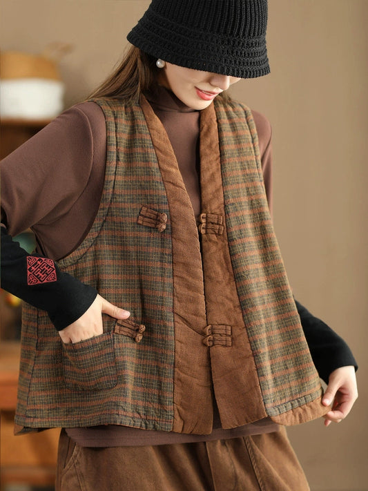 Plaid Colorblock V-neck Cotton Vest Coat Av1063