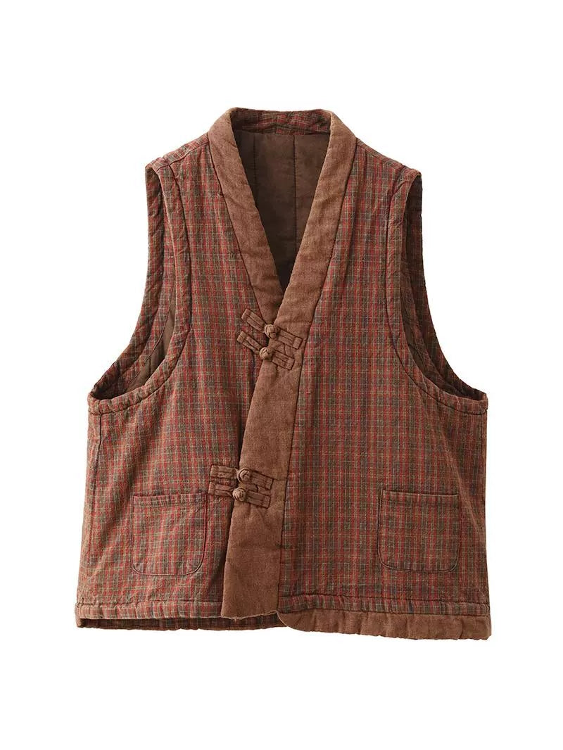 Plaid Colorblock V-neck Cotton Vest Coat Av1063