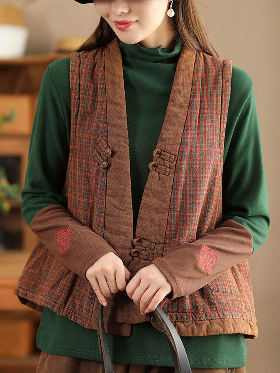 Plaid Colorblock V-neck Cotton Vest Coat Av1063