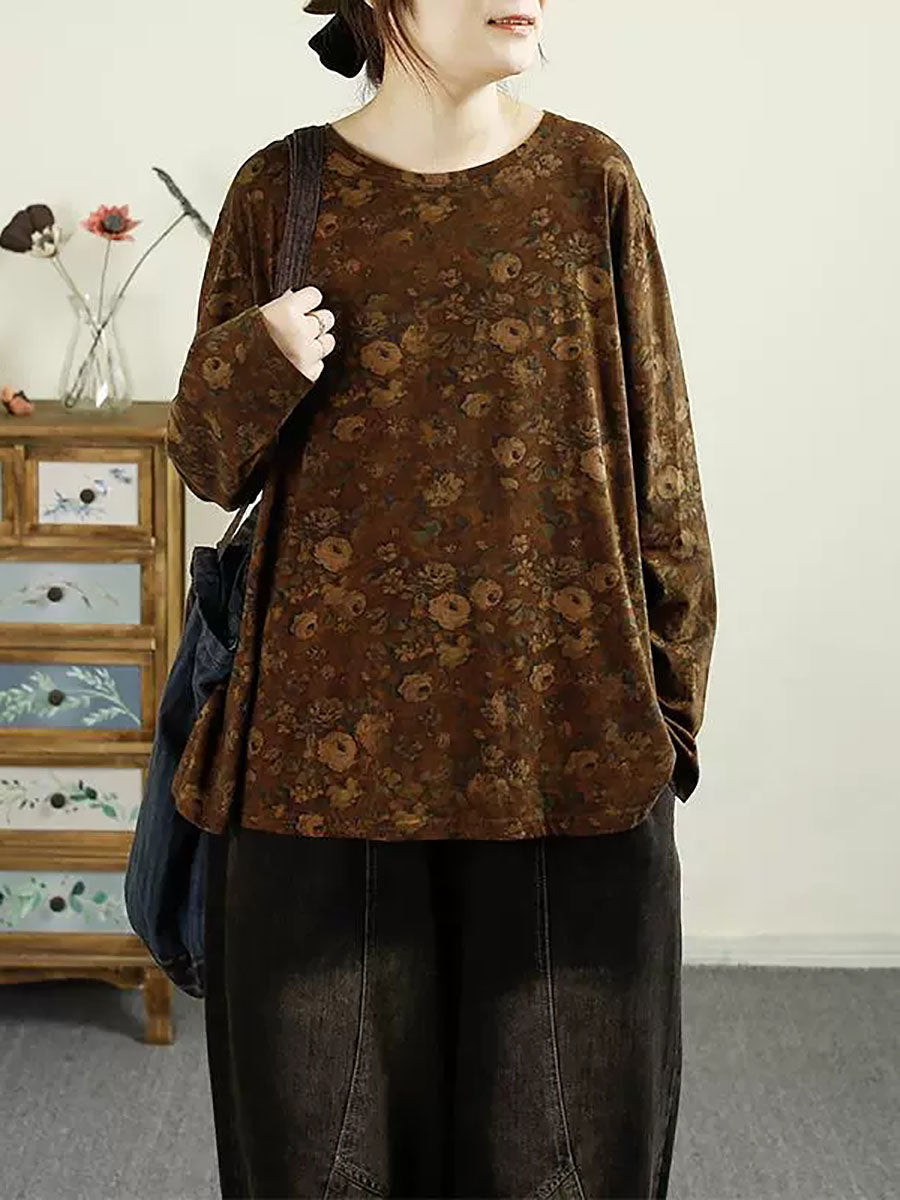Autumn Flower O-neck Cotton Blouse Av1051