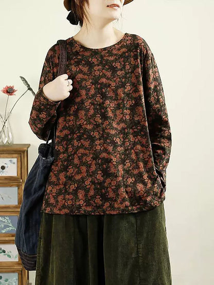 Autumn Flower O-neck Cotton Blouse Av1051