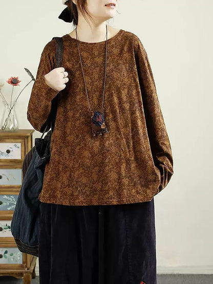 Autumn Flower O-neck Cotton Blouse Av1051