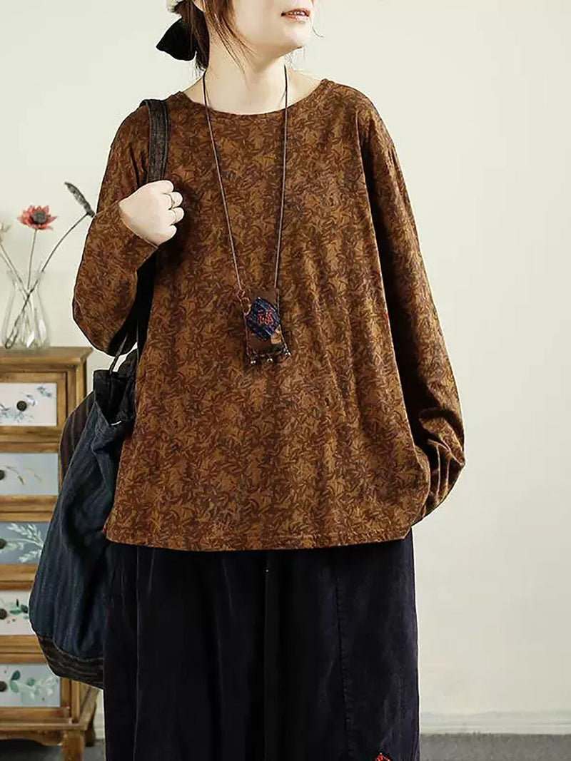 Autumn Flower O-neck Cotton Blouse Av1051