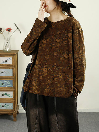 Autumn Flower O-neck Cotton Blouse Av1051