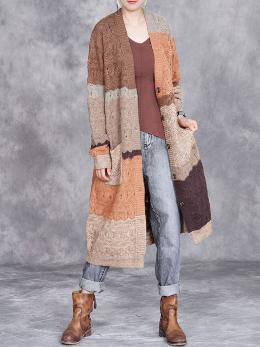 Autumn Artsy Colorblock Knitted V-neck Cardigan Coat Wg030