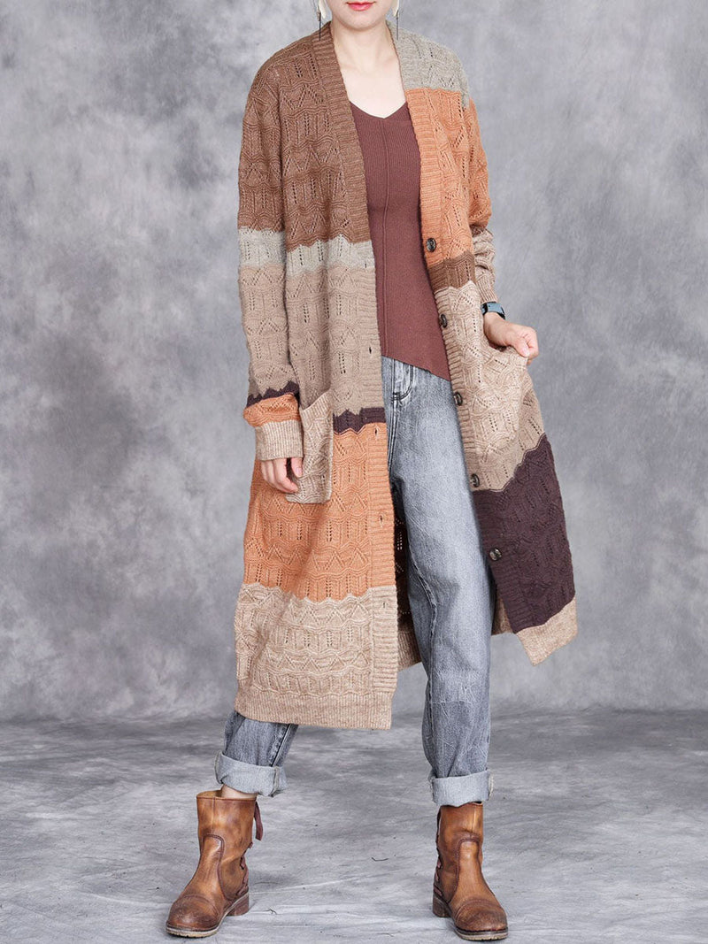 Autumn Artsy Colorblock Knitted V-neck Cardigan Coat Wg030