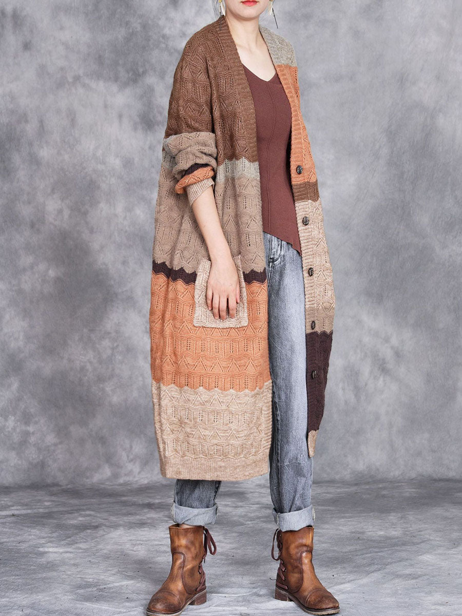 Autumn Artsy Colorblock Knitted V-neck Cardigan Coat Wg030