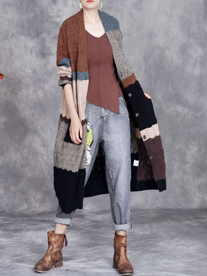 Autumn Artsy Colorblock Knitted V-neck Cardigan Coat Wg030